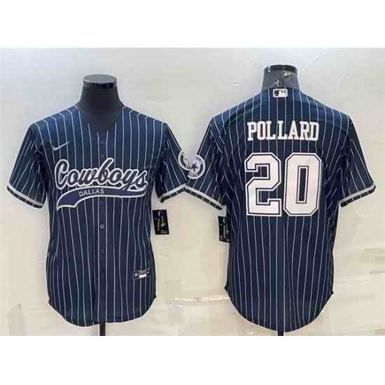 Men Dallas Cowboys 20 Tony Pollard Navy With Patch Cool Base Stitched Baseball Jersey